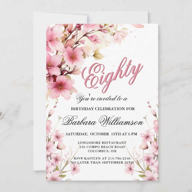Pink Floral Elegance 80th Birthday Party Invitation (Front)