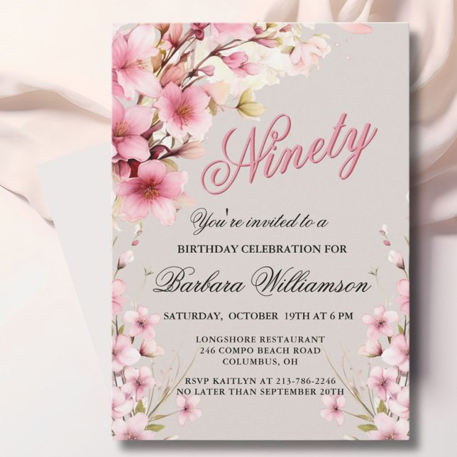 Pink Floral Elegance 90th Birthday Party Invitation (Creator Uploaded)