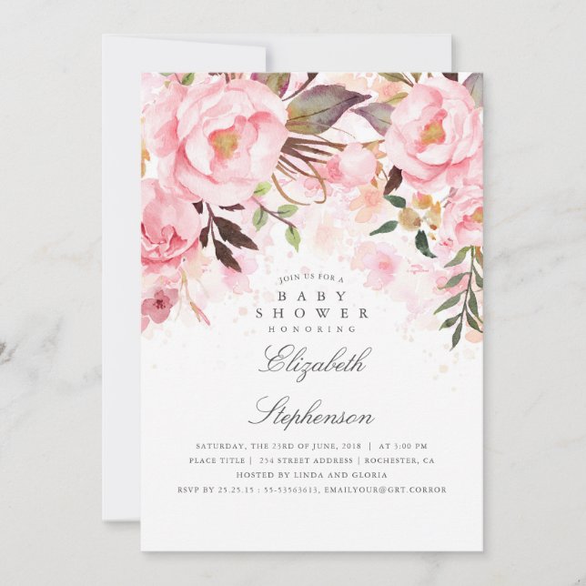 Pink Floral Elegant and Modern Baby Shower Invitation (Front)