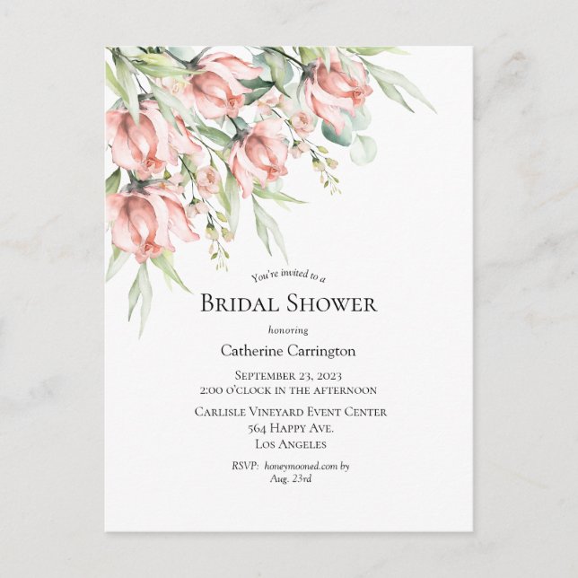 Pink Floral Elegant Bridal Shower Invitation Postcard (Front)