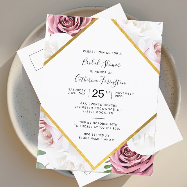 Pink Floral Elegant Bridal Shower Invitation Postcard (Watercolor Floral Tan Script Bridal Shower Invitation Postcard)