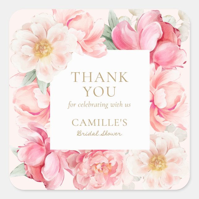 Pink Floral Elegant Bridal Shower Thank you Square Sticker (Front)