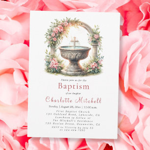 Pink Floral Elegant Cross Baptism Invitation