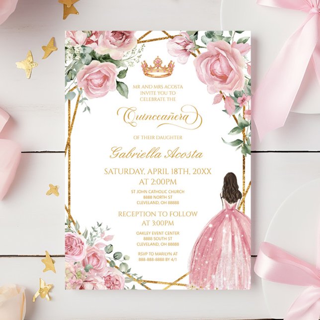 Pink Floral Elegant Dress Gold Frame Quinceanera Invitation (Creator Uploaded)