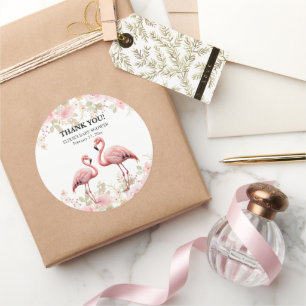 Pink Floral Elegant Flamingo Baby Shower Classic Round Sticker