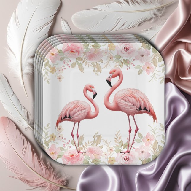 Pink Floral Elegant Flamingo Baby Shower Paper Plate (Creator Uploaded)