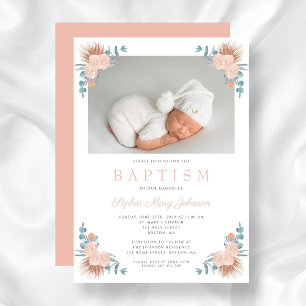 Pink Floral Elegant Girl Photo Baptism Invitation