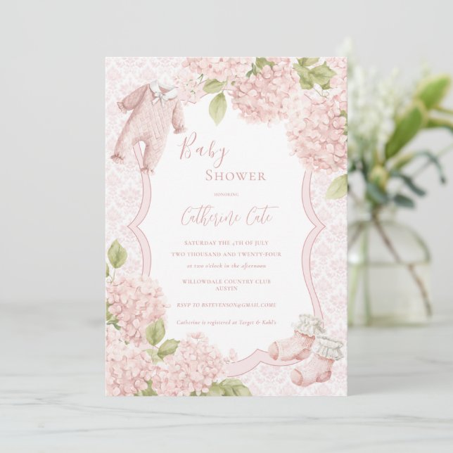 Pink Floral Elegant Hydrangea Vintage Baby Invitation (Standing Front)