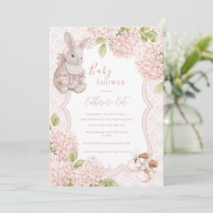 Pink Floral Elegant Hydrangea Vintage Bunny Invitation