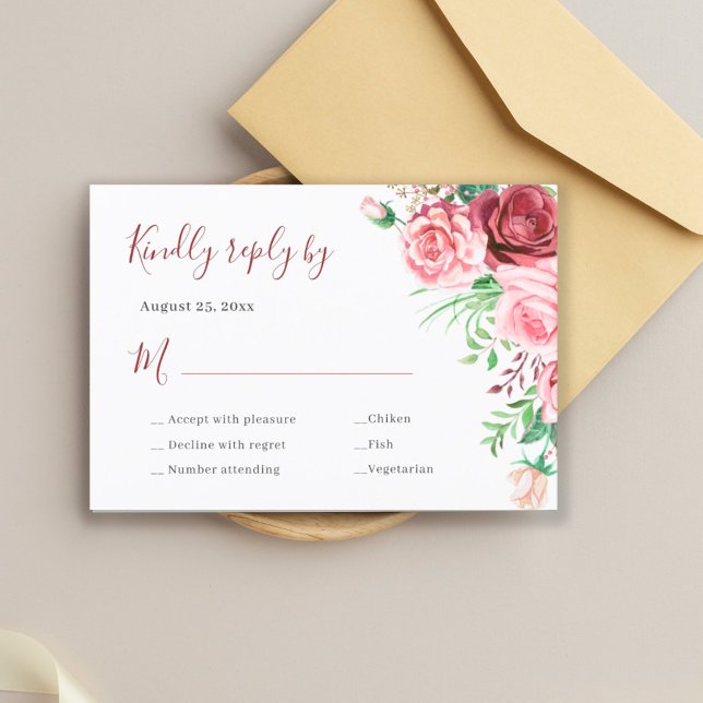 Pink floral elegant meal choices wedding RSVP card (Creator Uploaded)