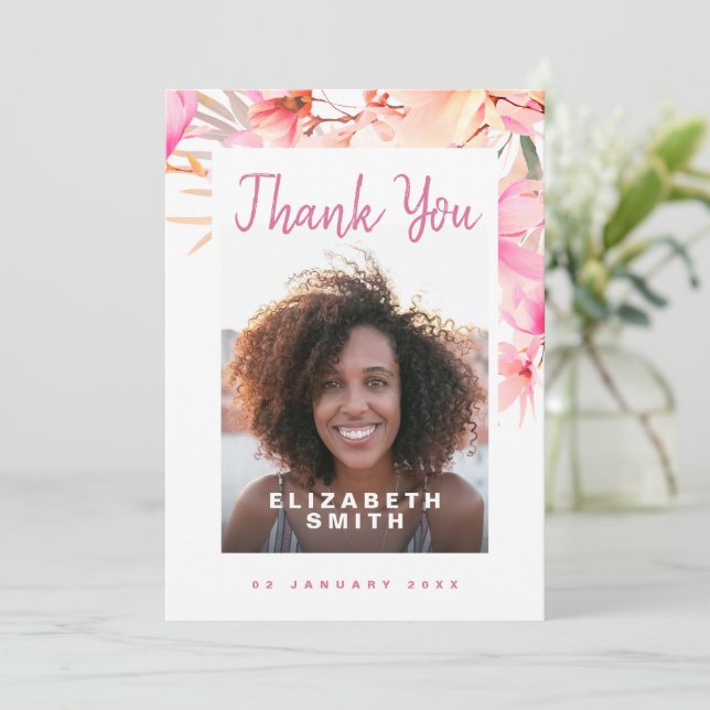 Pink Floral Elegant Modern Photo Thank You Card (Standing Front)