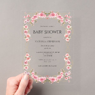 Pink Floral Elegant Roses Baby Shower Acrylic Invitations