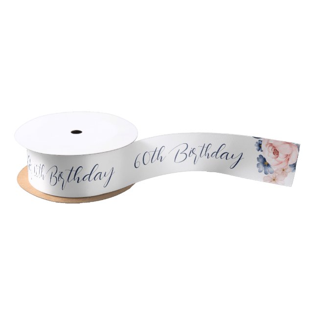Pink Floral Elegant Script 60th Birthday Any Age Satin Ribbon (Spool)