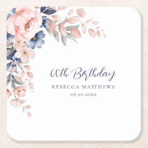 Pink Floral Elegant Script 60th Birthday Any Age Square Paper Coaster