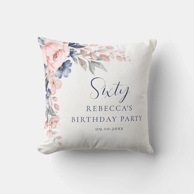 Pink Floral Elegant Script 60th Birthday Cushion (Front)
