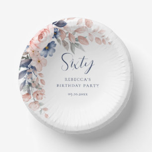 Pink Floral Elegant Script 60th Birthday Paper Plate