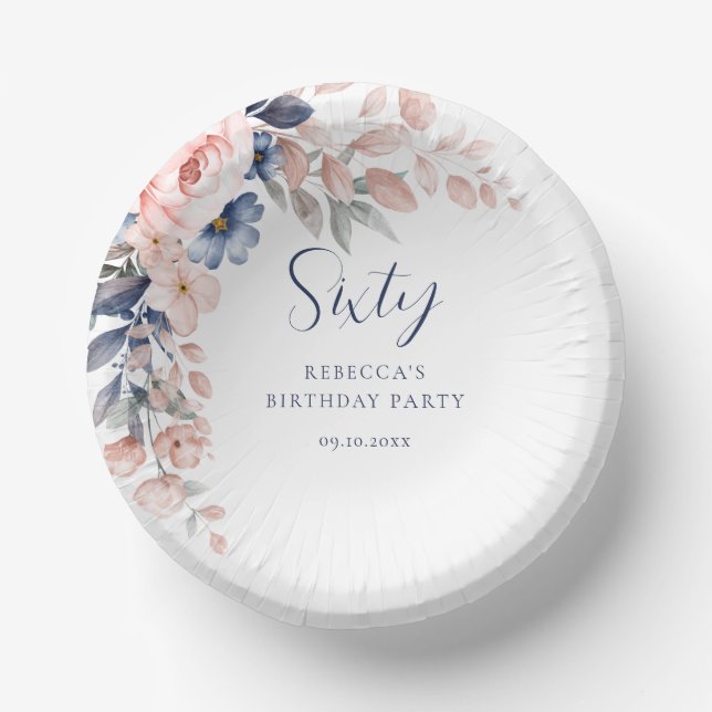 Pink Floral Elegant Script 60th Birthday Paper Plate (Front)