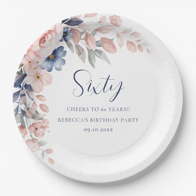 Pink Floral Elegant Script 60th Birthday Paper Plate (Front)
