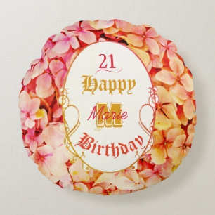 Pink Floral Elegant Script Happy 21st Birthday Round Cushion