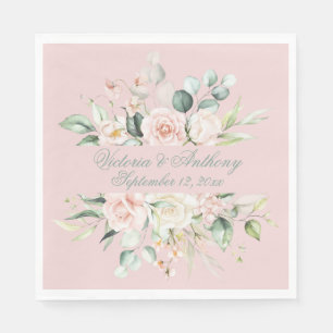Pink Floral Elegant Script Name Wedding Napkin