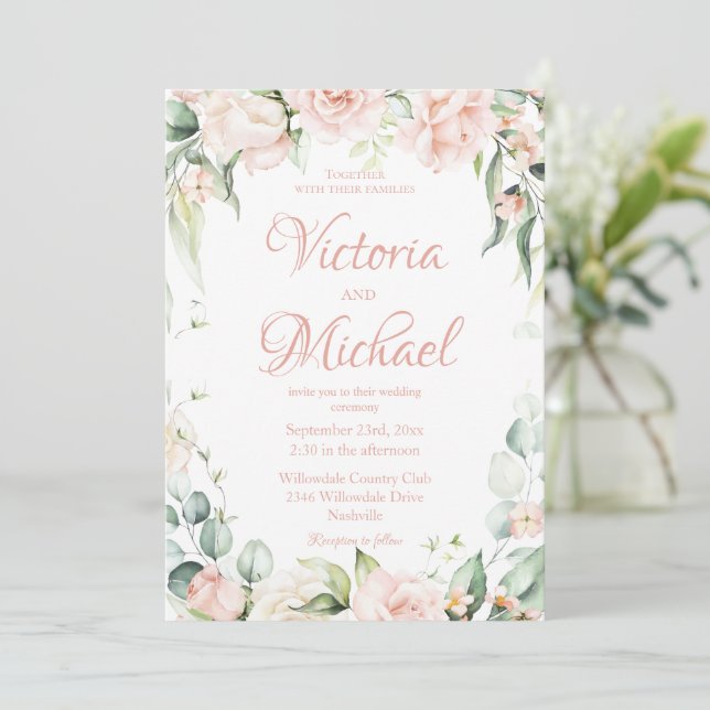 Pink Floral Elegant Wedding Invitation (Standing Front)
