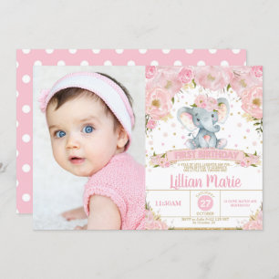 Pink Floral Elephant 1st Birthday Girl Photo Invitation