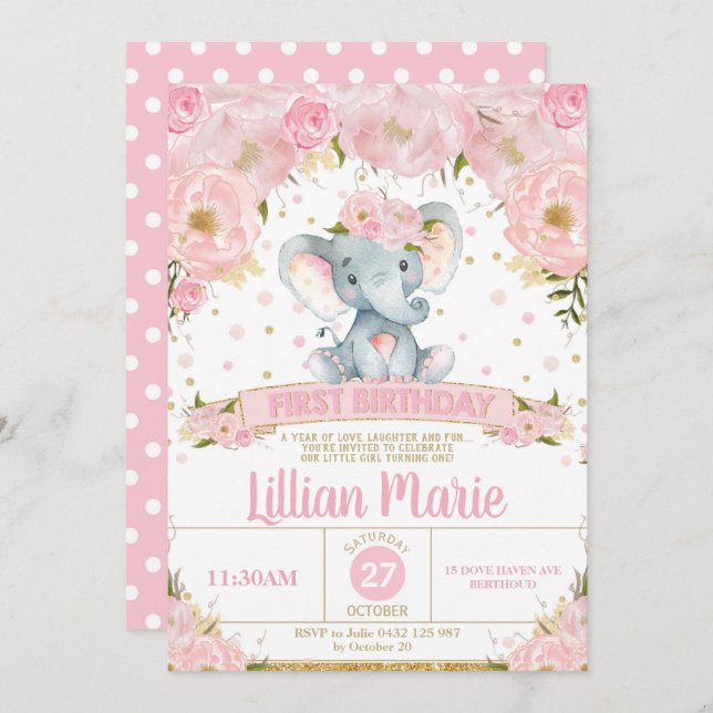 Pink Floral Elephant 1st Birthday Invitation Girl (Front/Back)