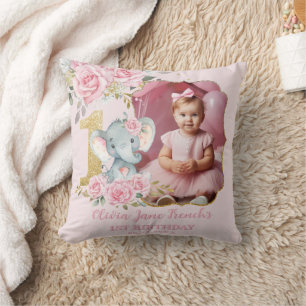Pink Floral Elephant 1st Birthday Photo Keepsake Cushion