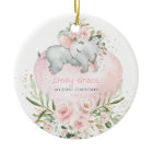 Pink Floral Elephant Baby 1st First Christmas