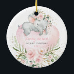 Pink Floral Elephant Baby 1st First Christmas Ceramic Ornament<br><div class="desc">This adorable Christmas ornament features elegant blush pink roses,  soft botanical greenery in green and gold,  and an adorable sleeping baby elephant lying on a pretty heart-shaped balloon. Click the "customise further" button if you wish to re-arrange and format the style and placement of the text.</div>