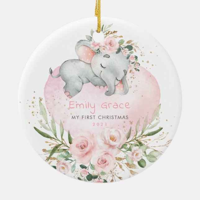 Pink Floral Elephant Baby 1st First Christmas Ceramic Ornament (Back)