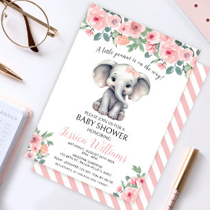 Pink floral elephant baby girl shower invitation