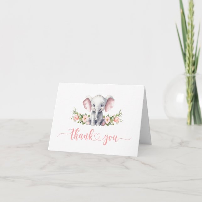 Pink Floral Elephant Baby Girl Shower Thank You Card (Front)