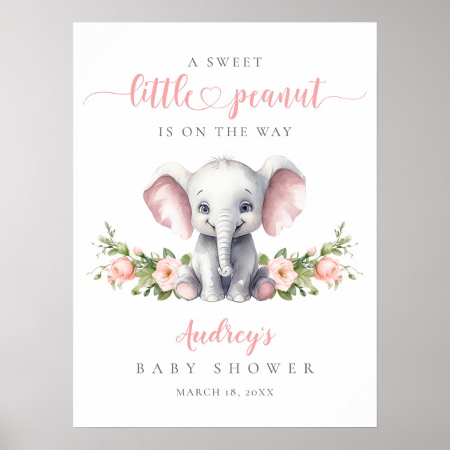 Pink Floral Elephant Baby Girl Shower Welcome Poster (Front)