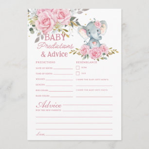 Pink Floral Elephant Baby Predictions and Advice Card