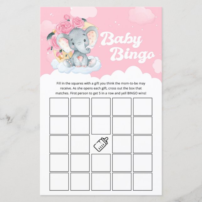 Pink Floral Elephant Baby Shower Bingo Game (Front)