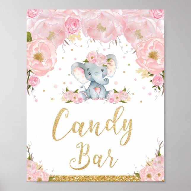 Pink Floral Elephant Baby Shower Candy Bar Sign (Front)