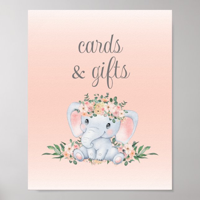 Pink Floral Elephant Baby Shower Cards and Gifts Poster (Front)
