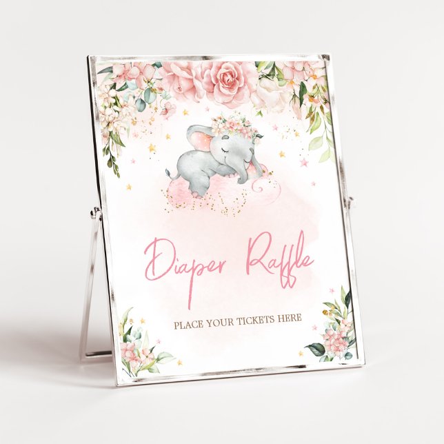 Pink Floral Elephant Baby Shower Diaper Raffle Poster (Pink Floral Sleeping Elephant Baby Shower Diaper Raffle Sign)