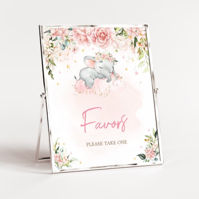 Pink Floral Elephant Baby Shower Favours Poster (Pink Floral Sleeping Elephant Baby Shower Favors Sign)