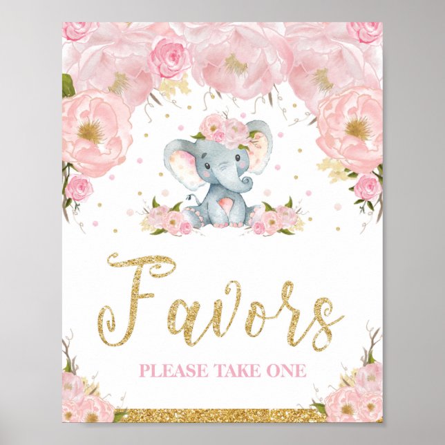 Pink Floral Elephant Baby Shower Favours Sign (Front)