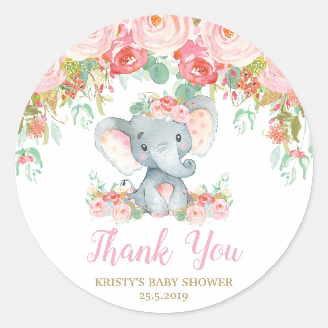 Pink Floral Elephant Baby Shower Girl Favors Classic Round Sticker (Front)