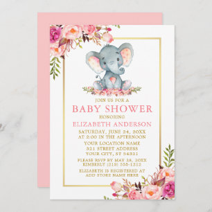 Pink Floral Elephant Baby Shower Gold Frame Invitation