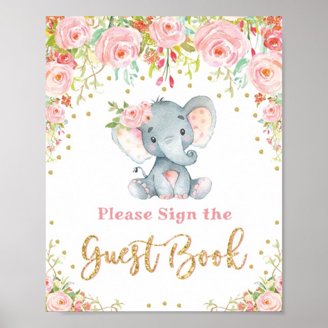 Pink Floral Elephant Baby Shower Guest Book Sign (Front)