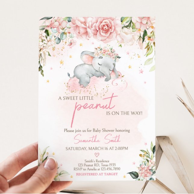 Pink Floral Elephant Baby Shower  Invitation (Pink Floral Sleeping Elephant Baby Shower Invitation)