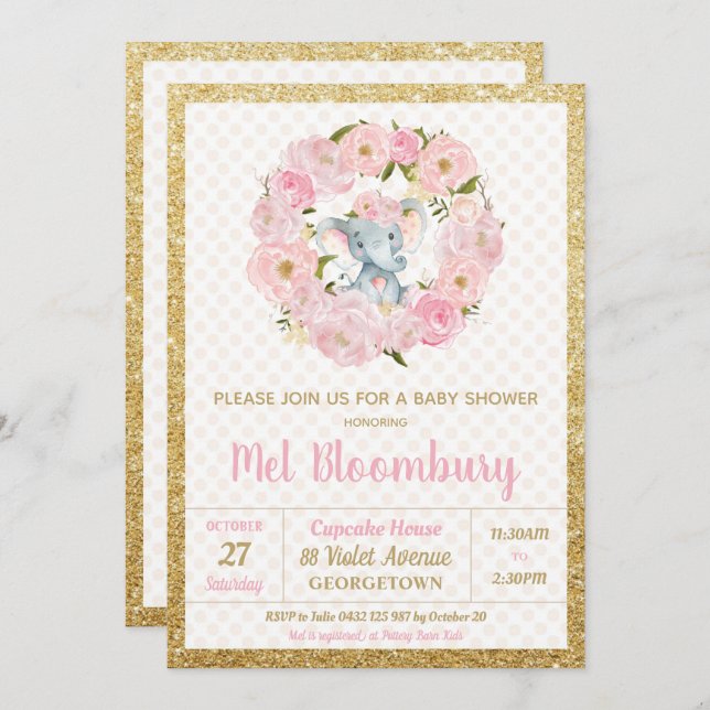 Pink Floral Elephant Baby Shower Invitation Girl (Front/Back)