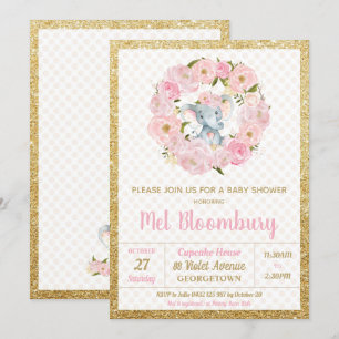 Pink Floral Elephant Baby Shower Invitation Girl