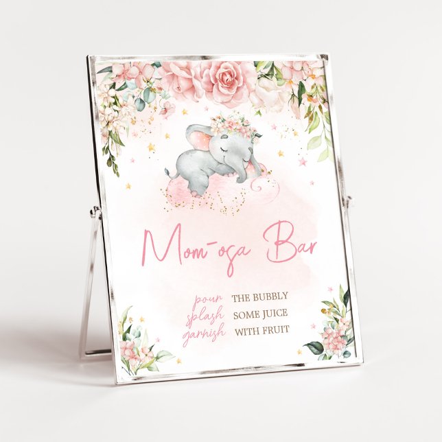 Pink Floral Elephant Baby Shower Mum Osa Bar Poster (Pink Floral Sleeping Elephant Baby Shower Mom Osa Bar Sign)