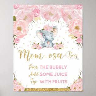 Pink Floral Elephant Baby Shower Mum-osa Bar Poster