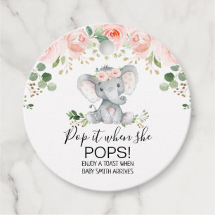 Pink Floral Elephant Baby Shower Pop It   Favour Tags